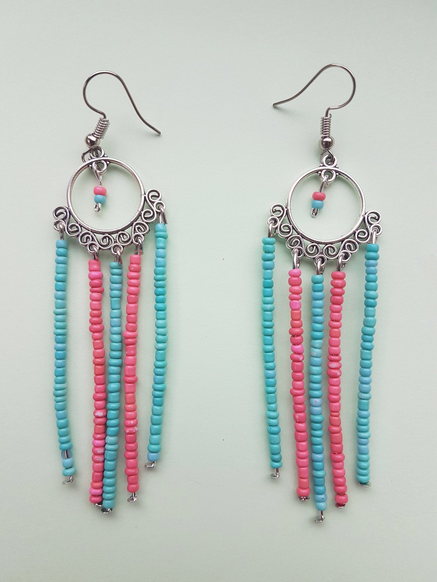 Pink Blue Seed Bead Dangle Earrings