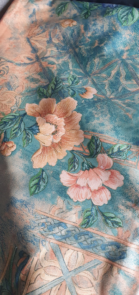 Floral Orange, Green, Blue Fabric Remnants Per Metre