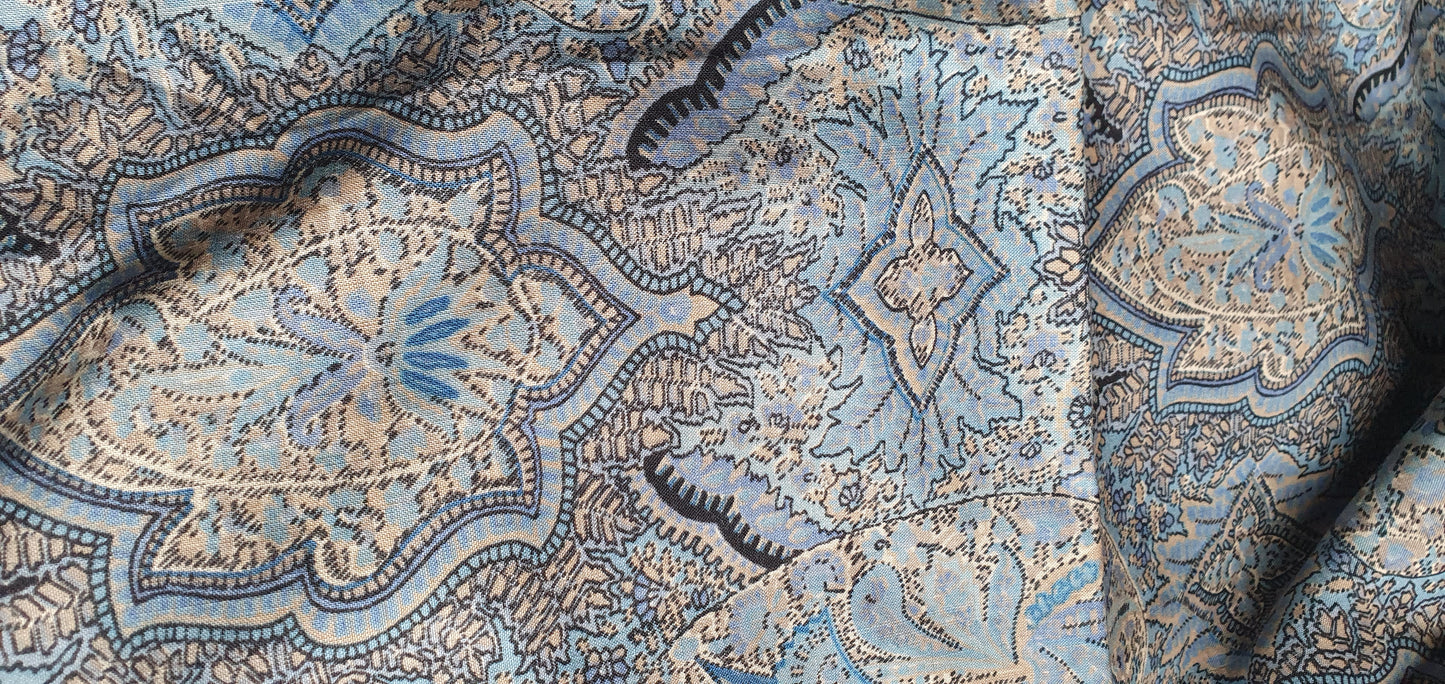 Blue Beige Paisley Look Print Pattern Cotton Blend Fabric Per 1/2 Metre