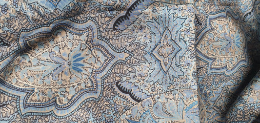 Blue Beige Paisley Look Print Pattern Cotton Blend Fabric Per 1/2 Metre