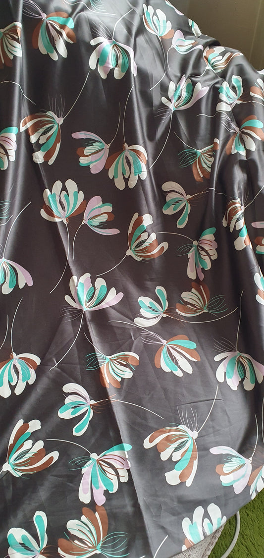 Dark Green Flower Pattern Satin Fabric Remnant