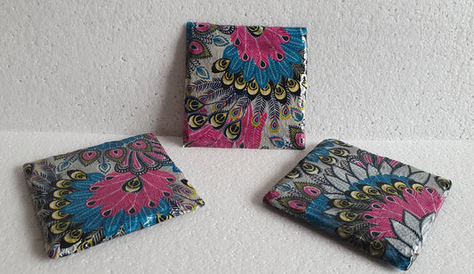 Decoupage Peacock Tail Pattern Blue Pink Yellow Coasters Set Of Three Home Decor Gift