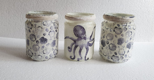 Blue White Octopus Shells Sea Theme Hand Decorated Desk / Bathroom Tidy Set Of Three Home Decor Gift