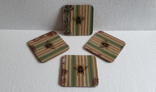 Decoupage Stripes Flowers and BumbleBee Coasters Set Of Four Home Decor Gift