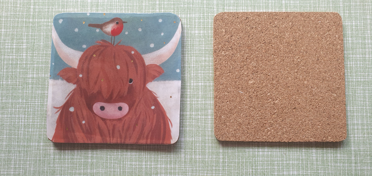 Single Mix And Match Coaster Christmas Highland Cow Robin Home Decor Gift
