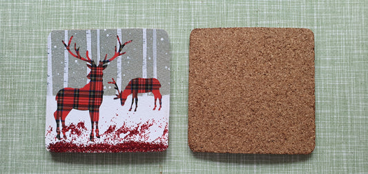 Single Mix And Match Coaster Christmas Winter Red Tartan Deer Glitter Home Decor Gift