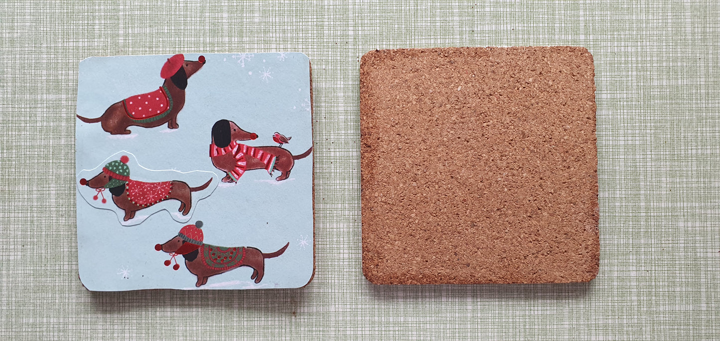 Single Mix And Match Coaster Christmas Winter Sausage Dogs Daschunds Home Decor Gift