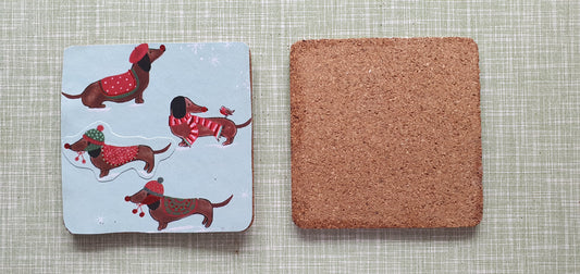 Single Mix And Match Coaster Christmas Winter Sausage Dogs Daschunds Home Decor Gift