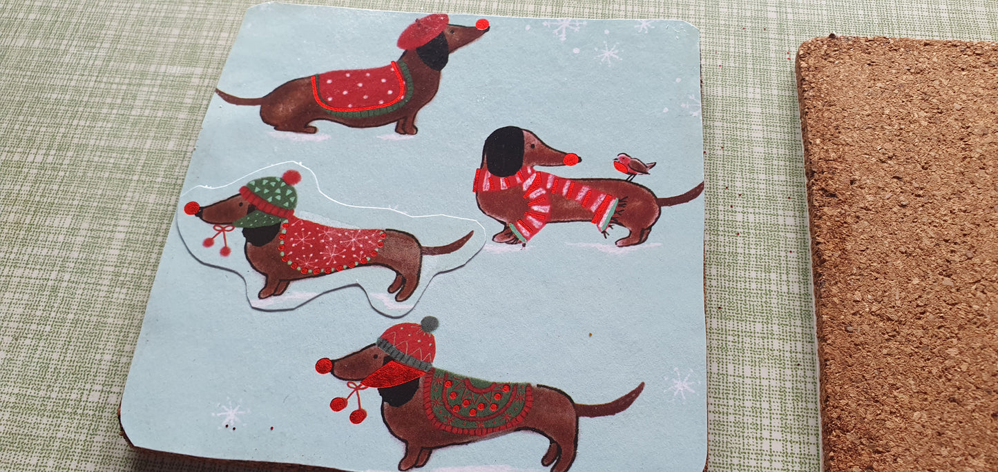 Single Mix And Match Coaster Christmas Winter Sausage Dogs Daschunds Home Decor Gift