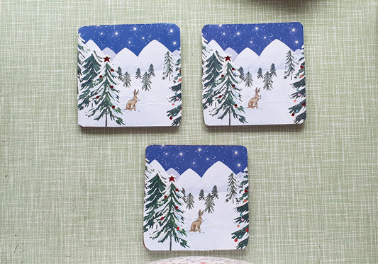 Blue White Christmas, Trees, Rabbits Decoupage Coasters Set Of Three Home Decor Gift
