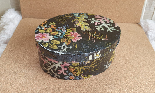 Oval Black Marine Flowers Wooden Hand Decorated Jewellery / Trinket Box Decor Gift