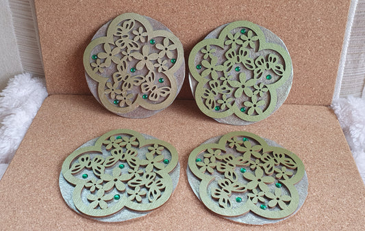 Metallic Green Round Coasters Flowers Butterflies Set Of Four Home Decor Gift