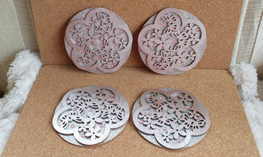 Metallic Rose Gold Pink Round Coasters Flowers Butterflies Set Of Four Home Decor Gift