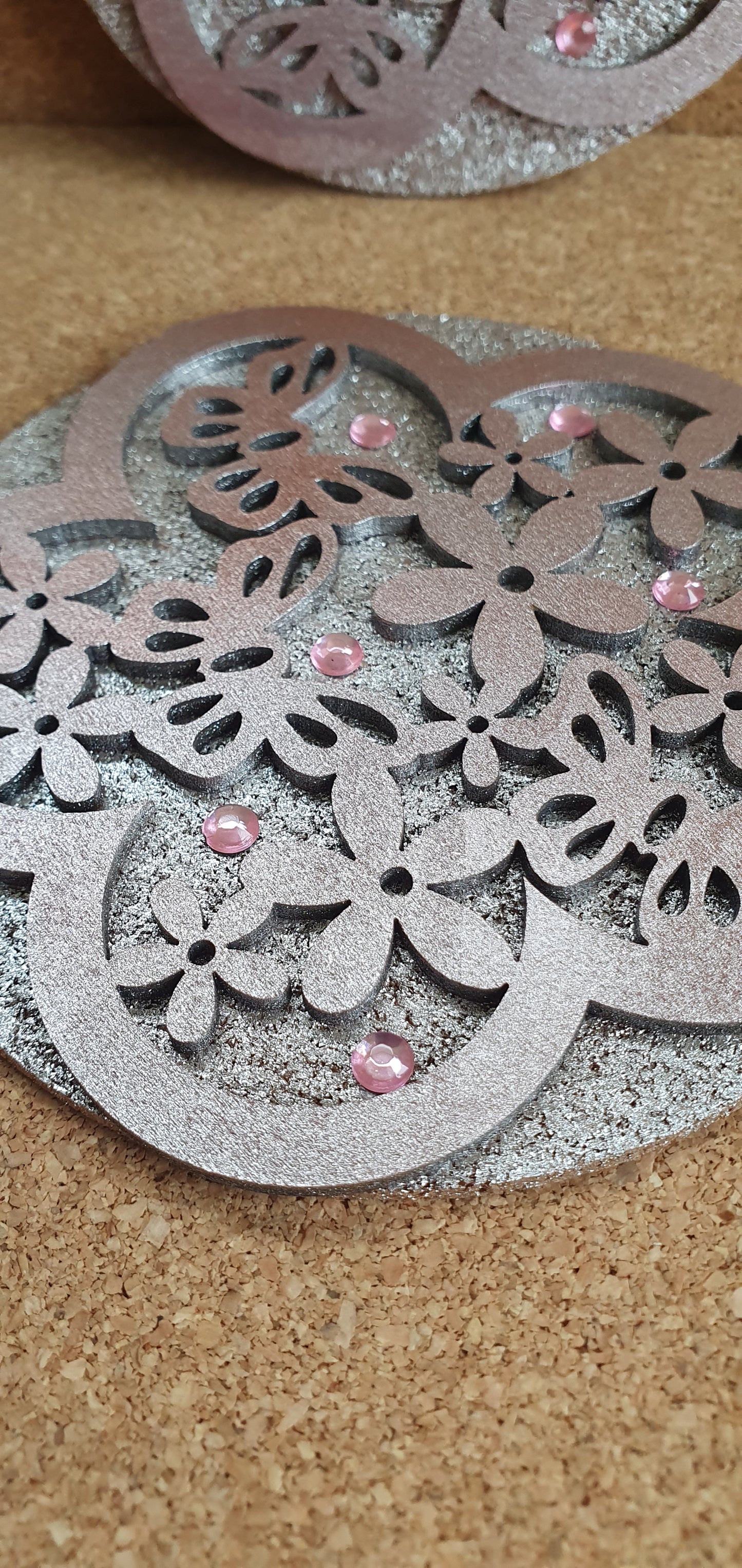 Metallic Rose Gold Pink Round Coasters Flowers Butterflies Set Of Four Home Decor Gift