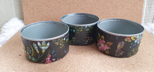 Tea Light Metal Candle Set Or Desk Tidy x 3 Black Marine Flowers Hand Decorated Home Decor Gift
