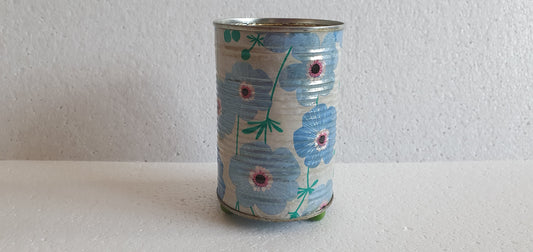 Upcycle Tin Can Desk Tidy Planter Blue White Flower Pattern Decoupage Hand Decorated Home Decor Gift