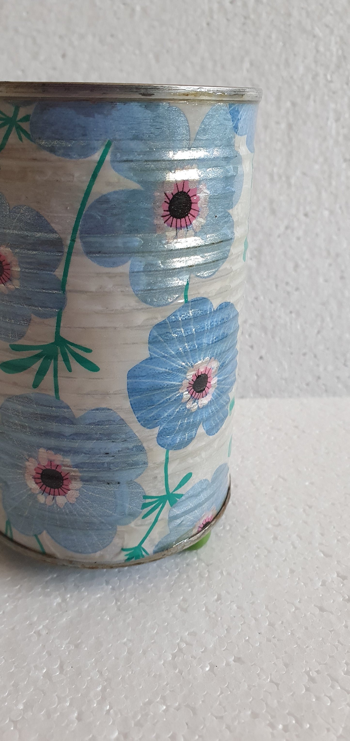 Upcycle Tin Can Desk Tidy Planter Blue White Flower Pattern Decoupage Hand Decorated Home Decor Gift