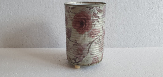 Upcycle Tin Can Desk Tidy Planter Pink White Flower Pattern Decoupage Hand Decorated Home Decor Gift