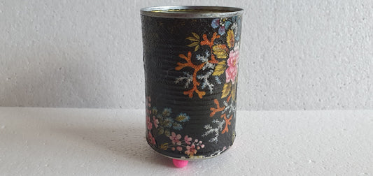 Upcycle Tin Can Desk Tidy Planter Black Pink Marine Flower Pattern Decoupage Hand Decorated Home Decor Gift