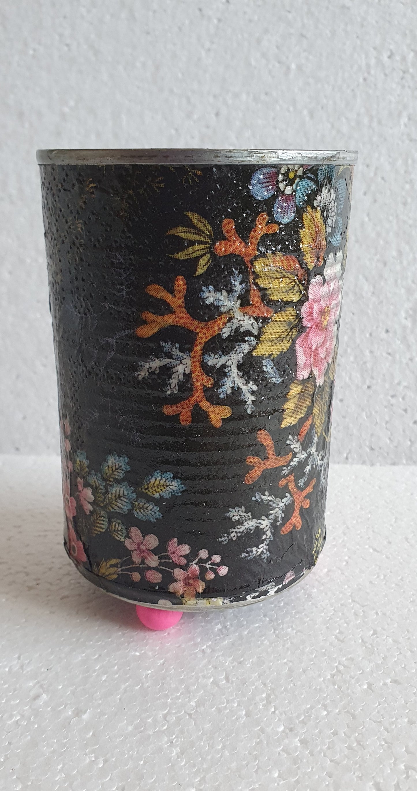 Upcycle Tin Can Desk Tidy Planter Black Pink Marine Flower Pattern Decoupage Hand Decorated Home Decor Gift