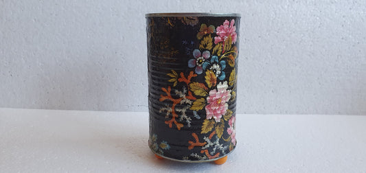 Upcycle Tin Can Desk Tidy Planter Black Pink Marine Flower Pattern Decoupage Hand Decorated Home Decor Gift