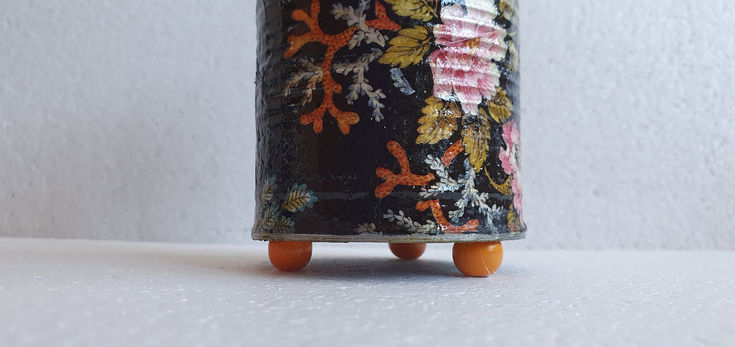 Upcycle Tin Can Desk Tidy Planter Black Pink Marine Flower Pattern Decoupage Hand Decorated Home Decor Gift