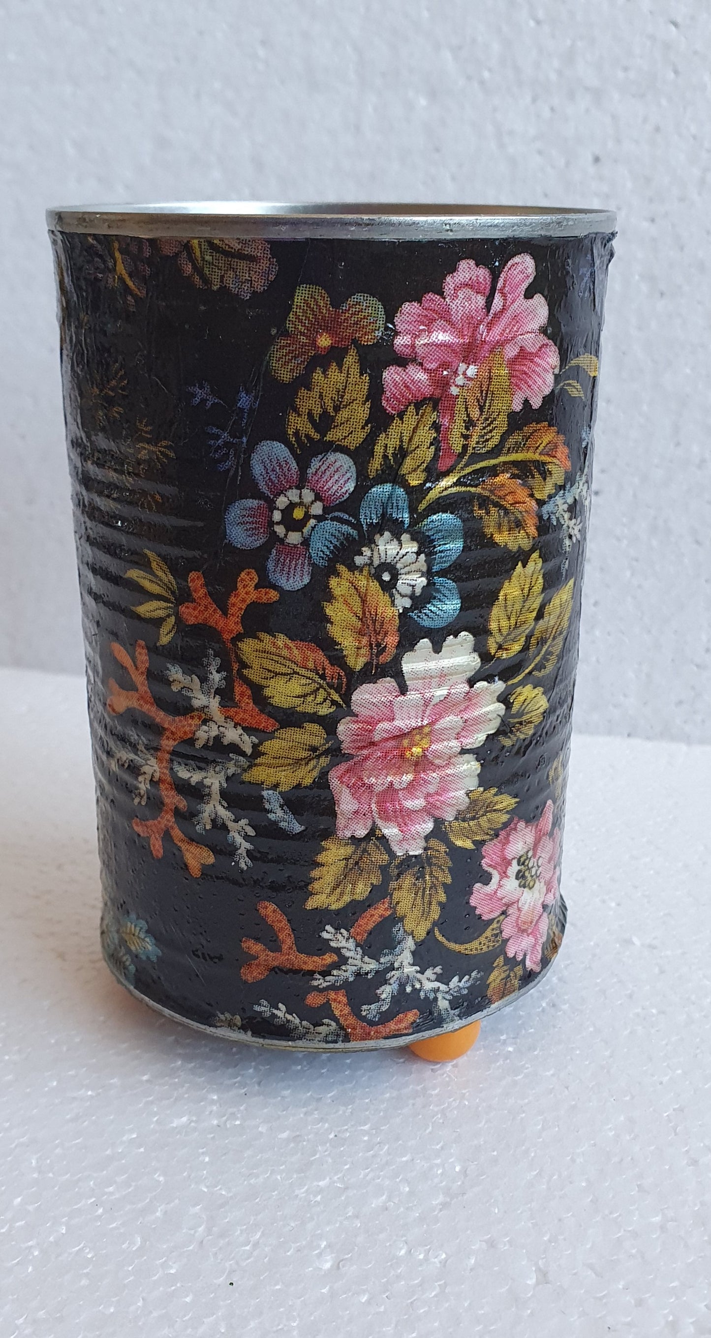 Upcycle Tin Can Desk Tidy Planter Black Pink Marine Flower Pattern Decoupage Hand Decorated Home Decor Gift