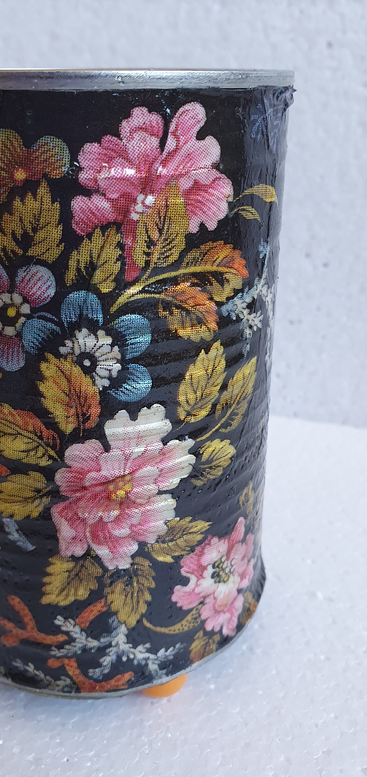 Upcycle Tin Can Desk Tidy Planter Black Pink Marine Flower Pattern Decoupage Hand Decorated Home Decor Gift
