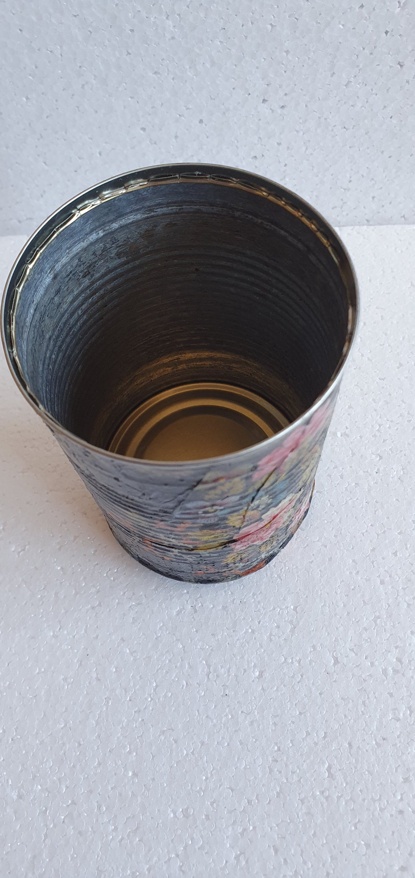 Upcycle Tin Can Desk Tidy Planter Black Pink Marine Flower Pattern Decoupage Hand Decorated Home Decor Gift