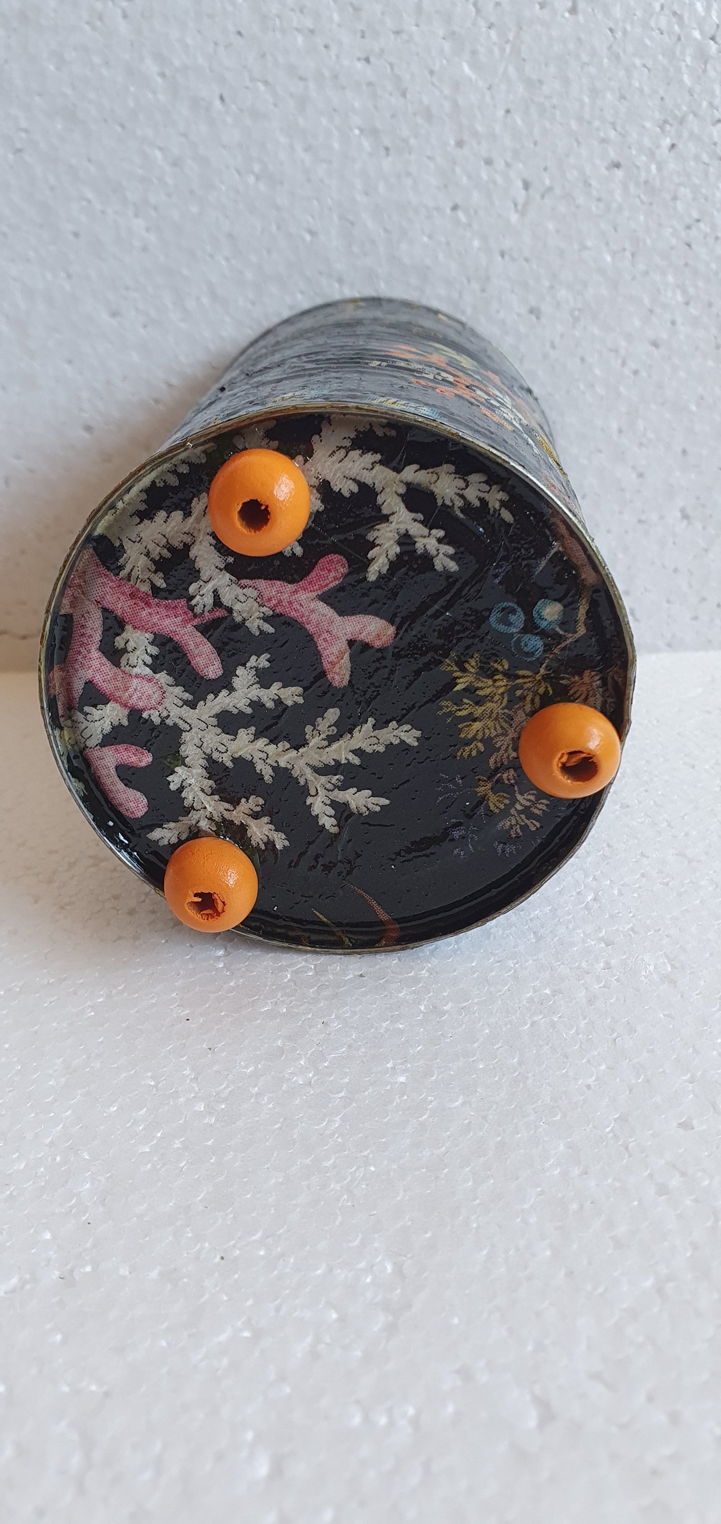 Upcycle Tin Can Desk Tidy Planter Black Pink Marine Flower Pattern Decoupage Hand Decorated Home Decor Gift