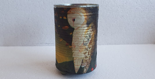 Upcycle Tin Can Desk Tidy Planter Autumn Barn Owl Pattern Decoupage Hand Decorated Home Decor Gift