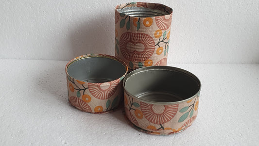 Upcycle Tin Can Desk Tidy Set Of Three Retro Brown Pattern Decoupage Hand Decorated Home Decor Gift