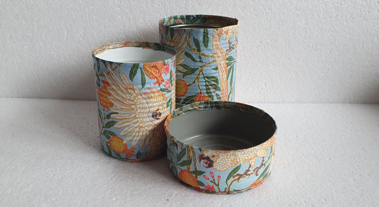 Upcycle Tin Can Desk Tidy Set Of Three Cockatoo Orange Blue Pattern Decoupage Hand Decorated Home Decor Gift