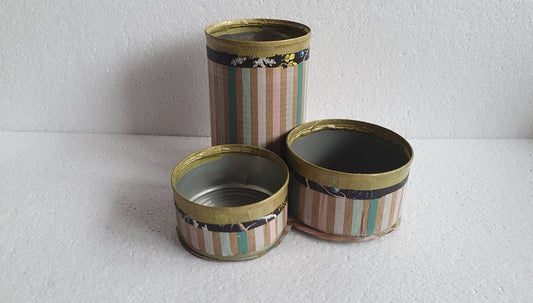 Upcycle Tin Can Desk Tidy Set Of Three Multi Pattern Pink Black Gold Decoupage Hand Decorated Home Decor Gift