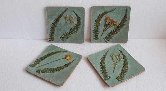 Green Pressed Leaves Wild Flowers Decoupage Coasters Set Of Four Home Decor Gift