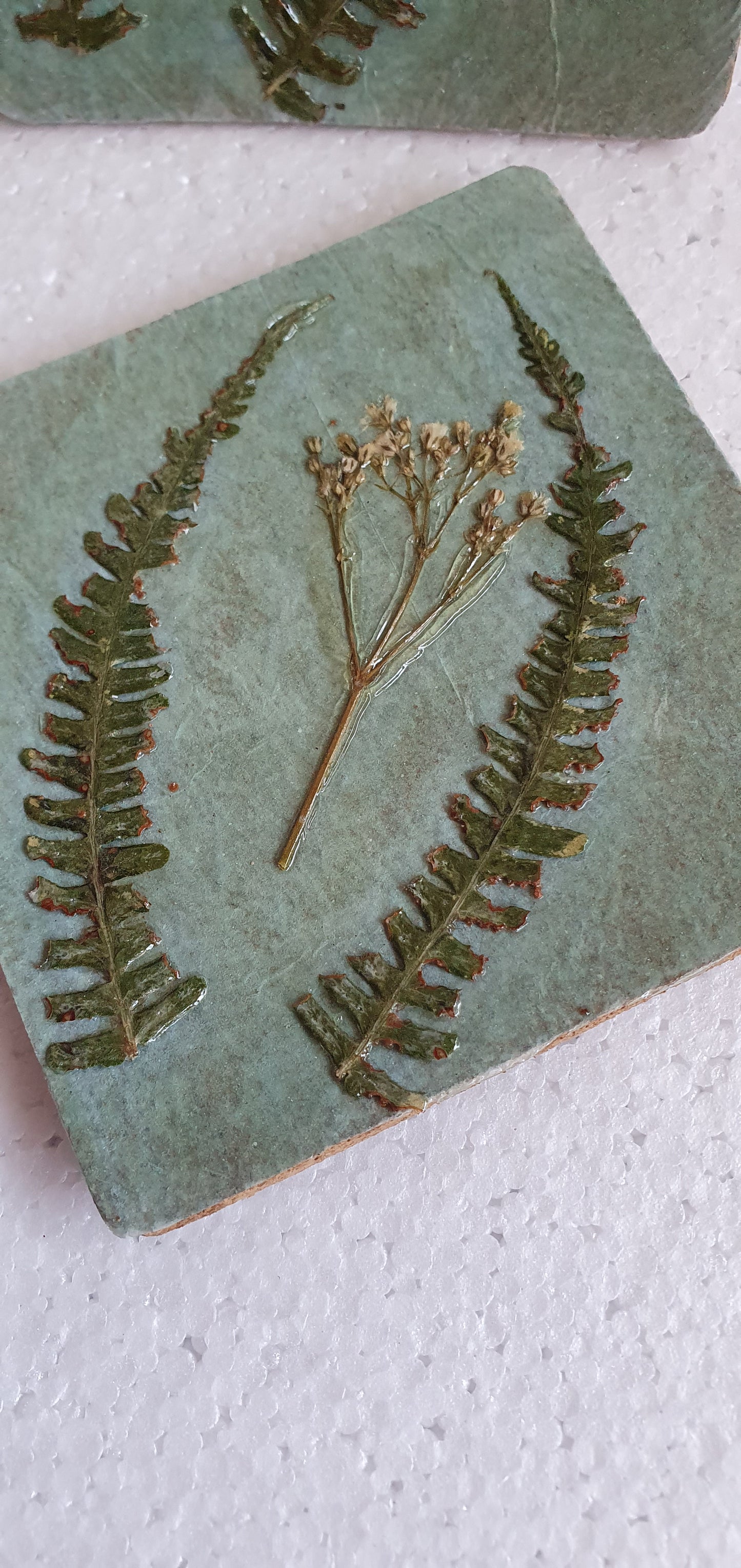 Green Pressed Leaves Wild Flowers Decoupage Coasters Set Of Four Home Decor Gift