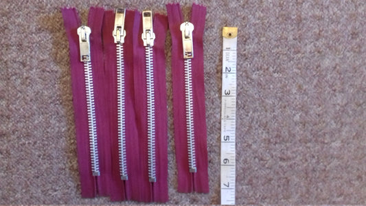 Deep raspberry red/burgundy zip very chunky heavy silver metal 6 inch (15cm) closed end 'Size 8'