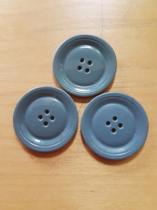 3 Vintage Buttons Large Grey 4cm Plastic