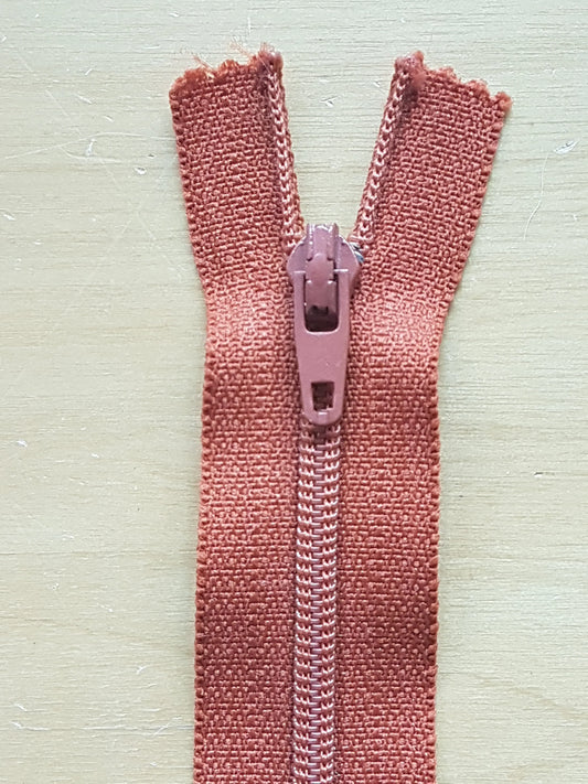 Terracotta orange brown zip nylon 7 inch (18cm) YKK closed end
