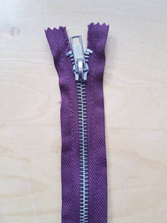 Plum / Deep Burgundy / Red silver metal zip chunky heavy 15 inch closed end