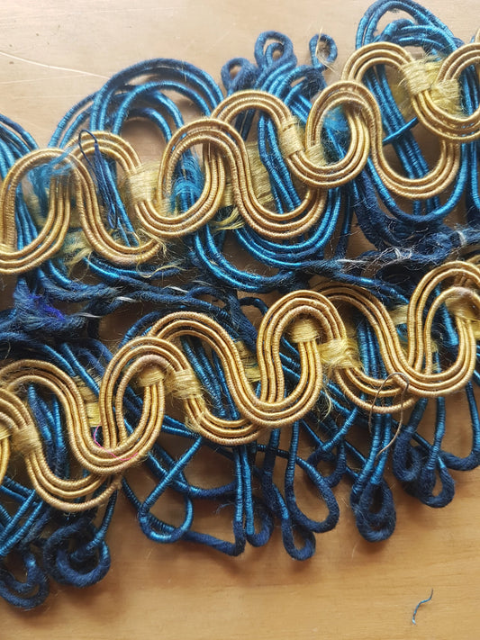 Royal Blue and Gold Vintage Curtain Upholstery Trim Rescued Remnant 156 inches