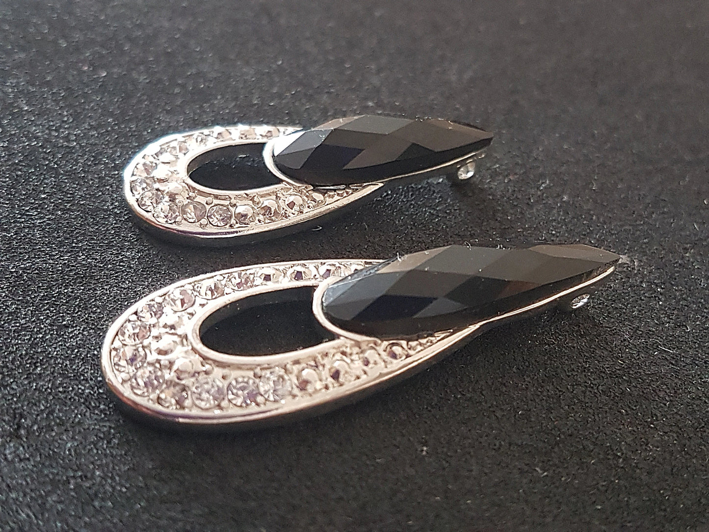 Art Nouveau Small Silver Black Diamante Preloved Upcycle Pendant for Jewellery Making 3.5cm