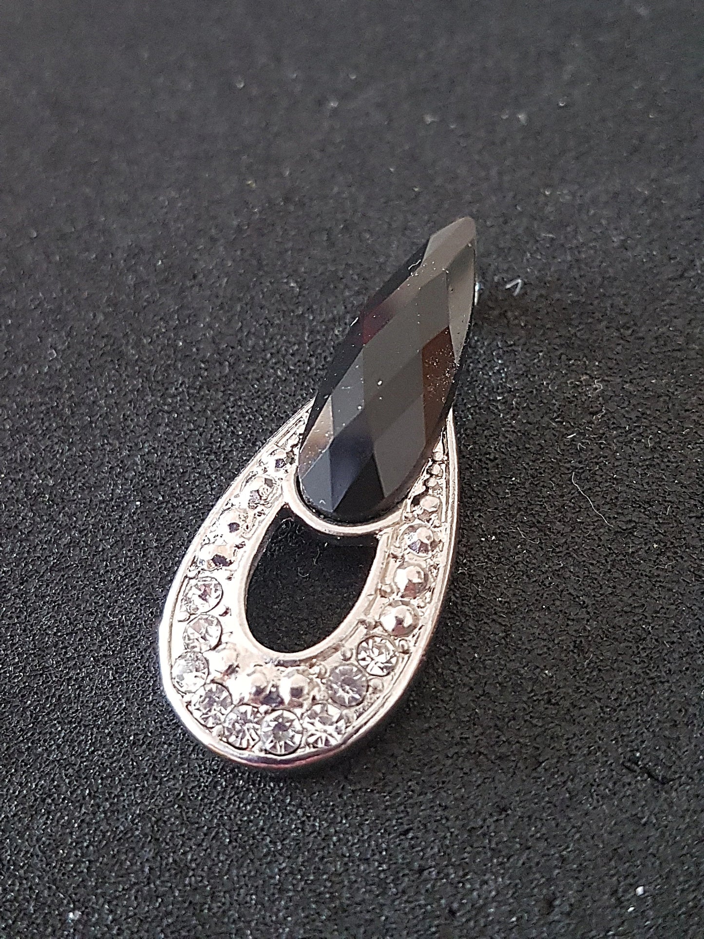 Art Nouveau Small Silver Black Diamante Preloved Upcycle Pendant for Jewellery Making 3.5cm
